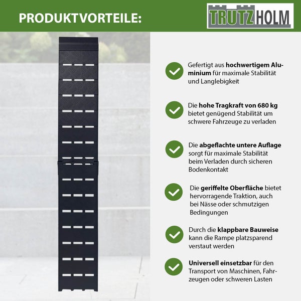 Trutzholm Logo. Produktvorteile einer klappbaren Aluminiumrampe mit einer Tragkraft von 680 Kilogramm für den Transport von Maschinen, Fahrzeugen oder schweren Lasten.