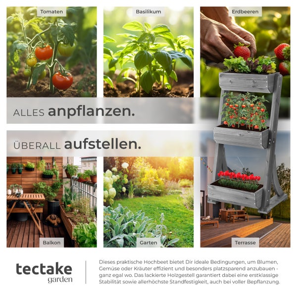 Dreistufiges Hochbeet aus Holz für Kräuter, Gemüse und Blumen, geeignet für Balkon, Terrasse und Garten. tectake garden Logo.