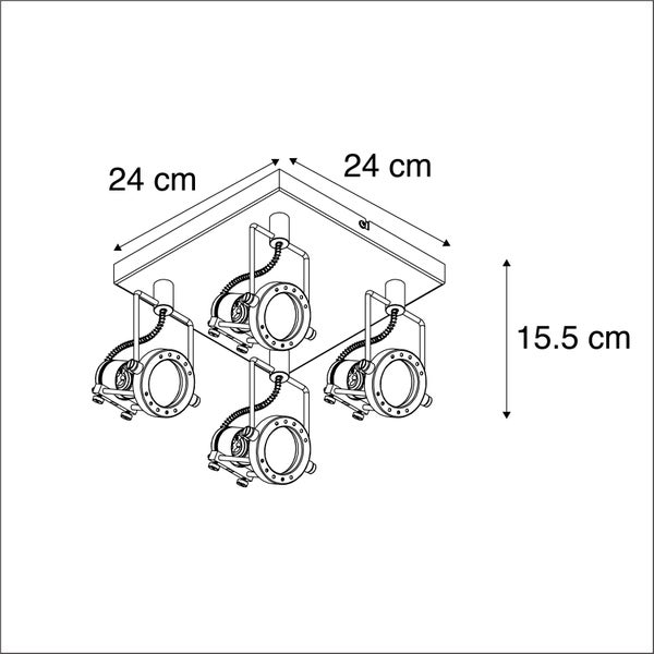 Technische Zeichnung einer Deckenleuchte mit vier Strahlern und den Maßen 24 mal 24 Zentimeter und 15,5 Zentimeter Höhe