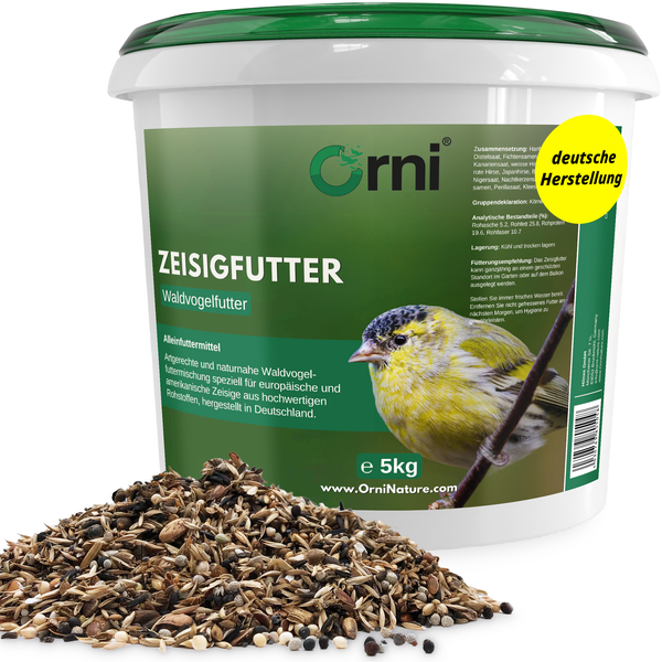 Orni Zeisigfutter, Waldvogelfutter im 5 Kilogramm Eimer mit Orni Logo, deutsche Herstellung und Sämereien im Vordergrund.