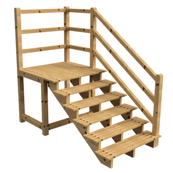 Holztreppe mit Geländer und Plattform