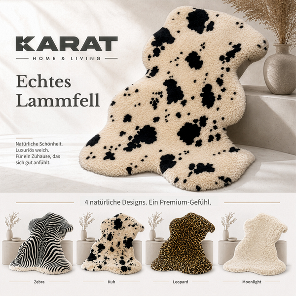 Karat Home & Living Logo und echtes Lammfell in vier Designs wie Kuh-Optik, Zebra, Leopard und Moonlight.