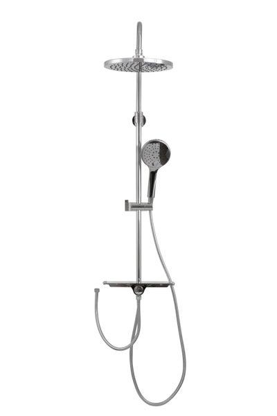 aquaSu® Duschsystem Tima mit Regendusche & Handbrause | Handbrause: 4-strahlig | Kopfbrause: 1-strahlig | mit Ablage | Antikalk | rund | höhenverstellbar | Chrom | 723435