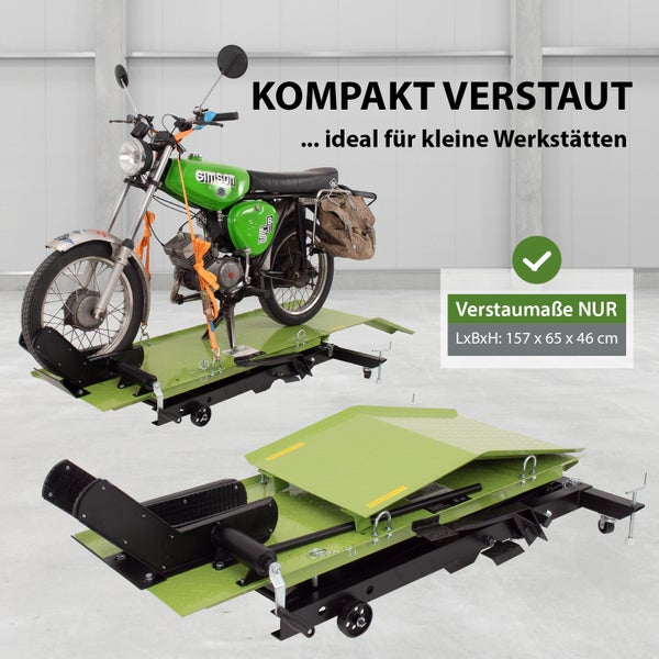 Motorrad auf einer Motorradhebebühne für die Werkstatt, Abmessungen 157 x 65 x 46 cm