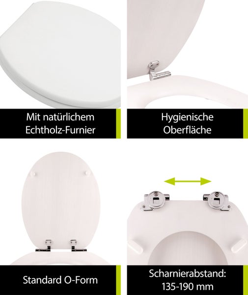 aquaSu® Holz WC-Sitz mit Absenkautomatik Venezia Weiß gekalkt, Schnellbefestigung, Metallscharnier, robuster Holzkern Toilettendeckel, ovaler O Form WC-Deckel, Holzfurnier Weiß gekalkt, 403085