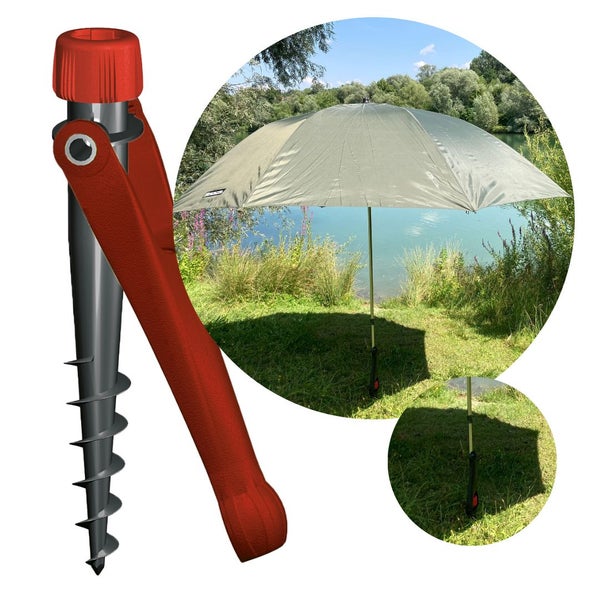 Bodendübel für Sonnenschirme mit Eindrehgriff und Anwendungsbeispiel an einem Seeufer mit grünem Sonnenschirm.