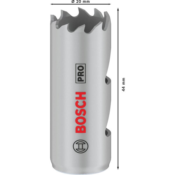 Bosch Logo Lochsäge Pro mit einem Durchmesser von 20 mm und einer Länge von 44 mm.