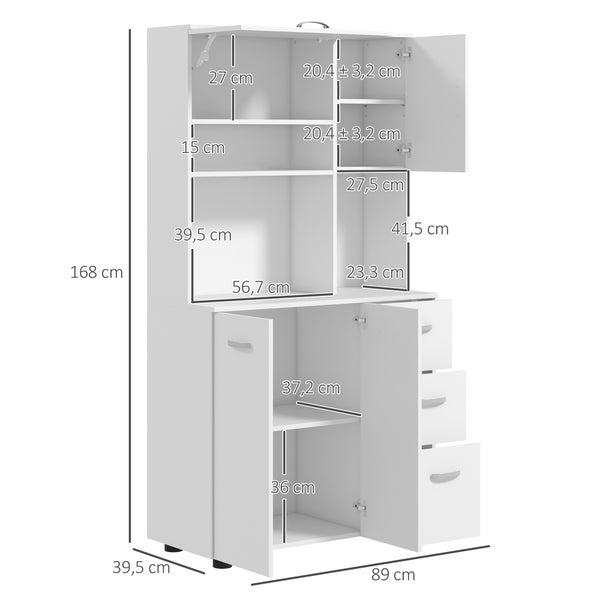HOMCOM Küchenschrank, Hochschrank mit 3 Schubladen, verstellbaren Einlegeböden, Küchenbuffet mit Mikrowellenregal, Kippschutz für Wohnzimmer, Esszimmer, 89 x 39,5 x 168 cm, Weiß