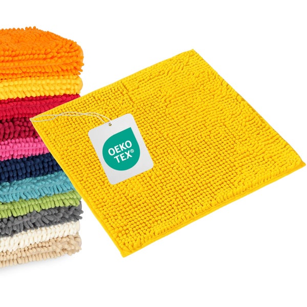 Chenille-Badematte mit weicher Noppenstruktur und Oeko-Tex Siegel für schadstoffgeprüfte Textilien.