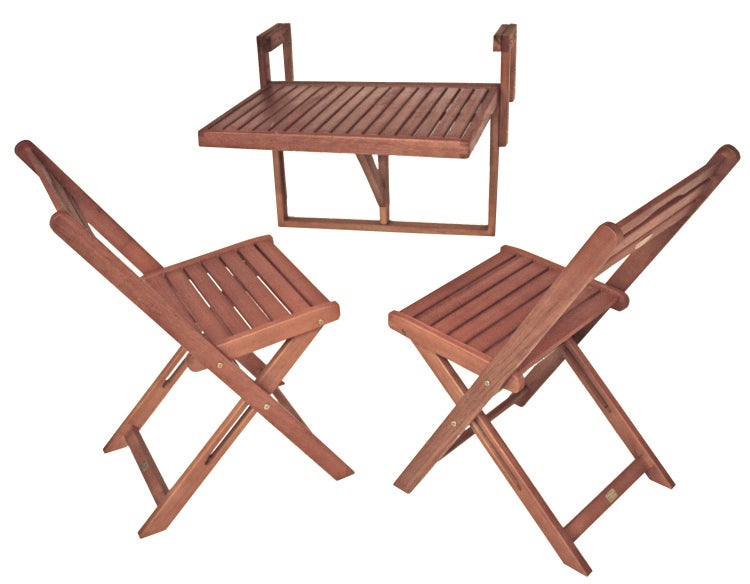 Balkonmöbel-Set aus Holz bestehend aus einem rechteckigen Balkonhängetisch und zwei Klappstühlen.