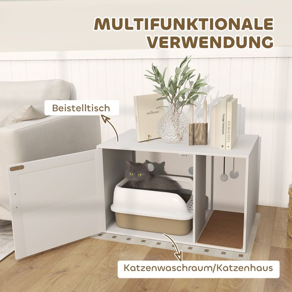 PawHut Katzenklo-Schrank Katzenschrank mit Loch, Katzentoilette mit Tür, Eingang, Kratzpad, Katzenklo Schrank für Katze unter 6 kg, 80 x 50 x 50 cm, Indoor, Weiß