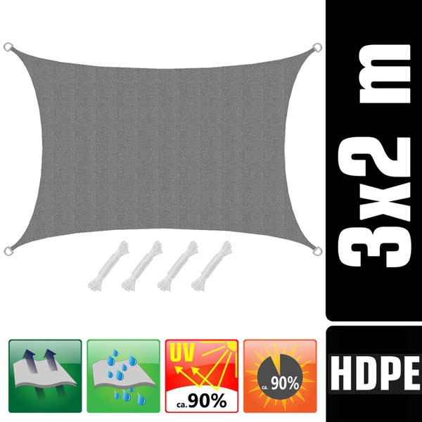 AMANKA UV Sonnensegel - 3x2 m HDPE Rechteckig - Sonnenschutz Plane Überdachung Garten Balkon Grau