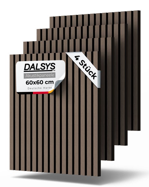 Dalsys Akustikpaneele 4 Stück 60 mal 60 Zentimeter Wandverkleidung mit Holzlamellen.