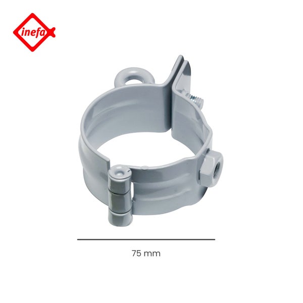 Inefa Fallrohrschelle aus Metall in Grau mit Gelenk und Schraube, Durchmesser 75 Millimeter. Inefa Logo.