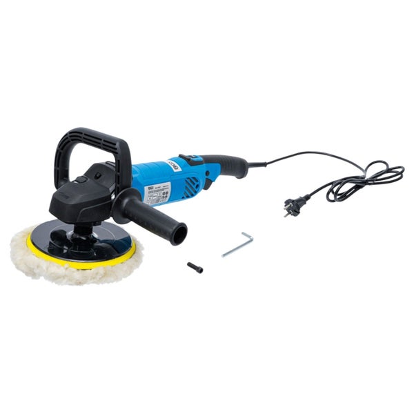 Poliermaschine mit Bügelgriff, Netzkabel, Polierteller, Lammfell-Polierhaube, Innensechskantschlüssel und Schraube.