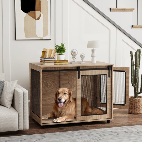 PawHut Hundekäfig Möbel, Hundebox mit 2 verschließbaren Türen, Beistelltisch für Zuhause, Hundehaus für große Hunde unter 30 kg, Stahl, 98 x 60 x 78 cm, Nussbaum