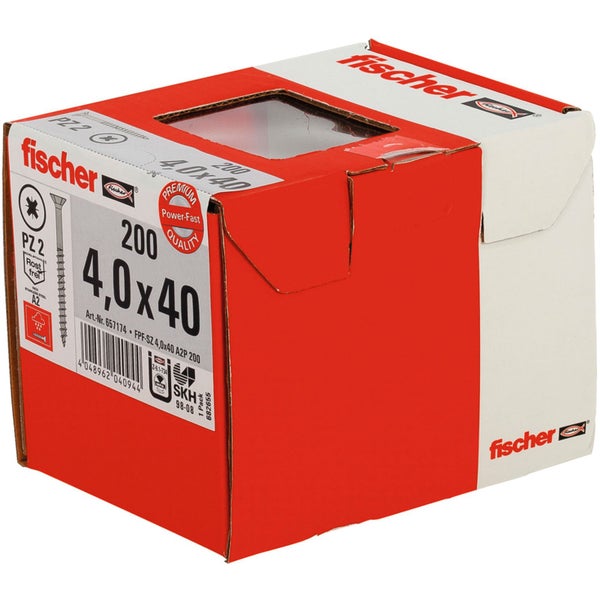 Fischer 200x Power-Fast 4 x 40 Senkkopf nicht rostender Stahl A2 Teilgewinde Kreuzschlitz PZ - 657174
