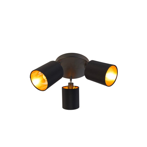 Dreiflammiger Deckenstrahler in Schwarz mit goldfarbener Innenseite und drei zylindrischen Schirmen.