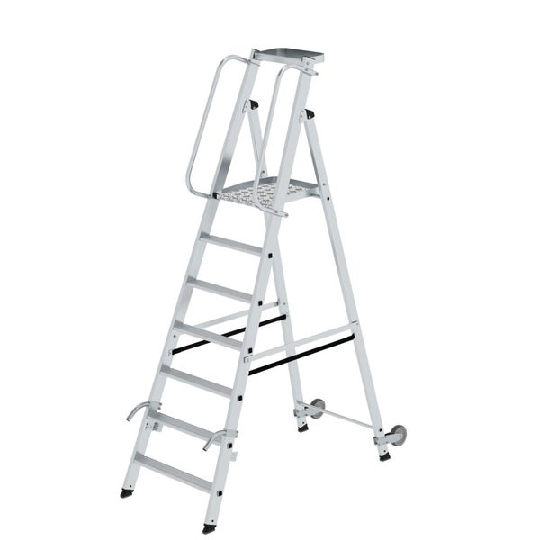 PROREGAL Plattformleiter Mit Rollen und Griff 7 Stufen Inkl. Beidseitigem Handlauf Aluminium Nivello Leiterschuhe