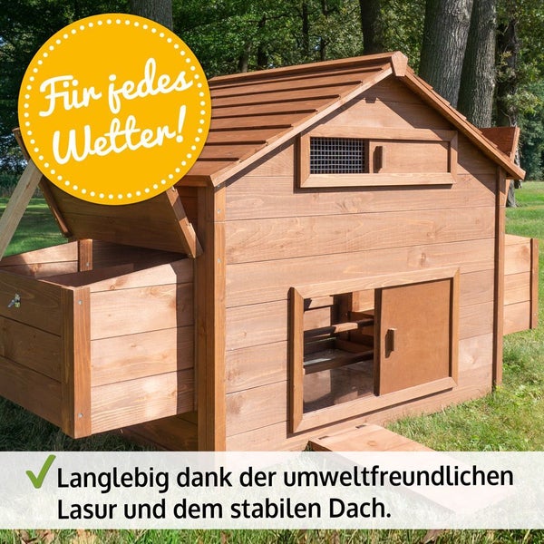 Hühnerstall aus Holz mit wetterfester Lasur, stabilem Satteldach und seitlichem Nistkasten auf einer Wiese.