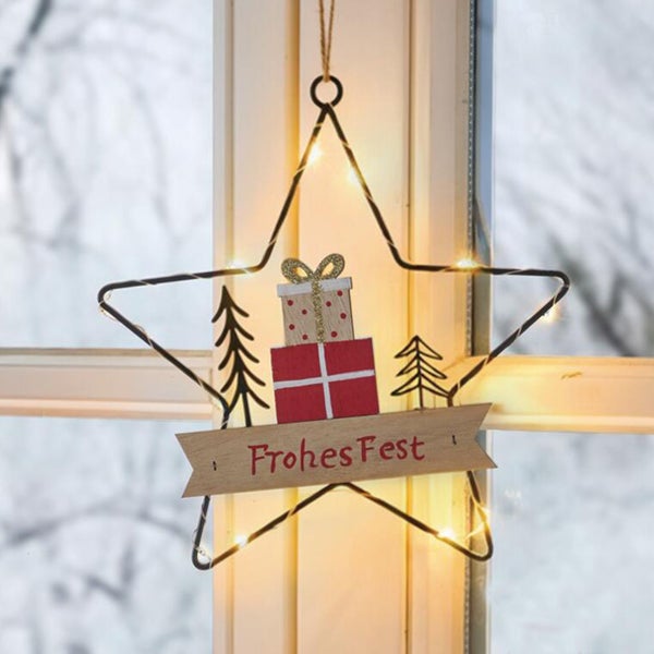 LED Stern zum Hängen mit Holzapplikationen Geschenke Tannenbäume und Schriftzug Frohes Fest als Weihnachtsdekoration