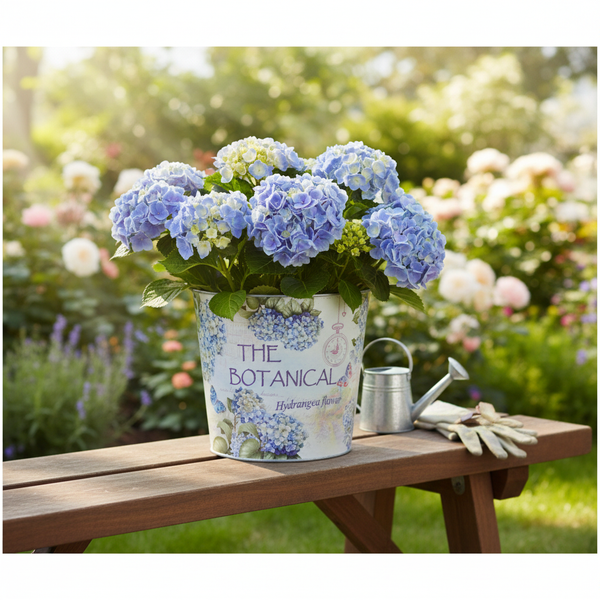 Blaue Hortensie im dekorativen Metalltopf auf einer Gartenbank aus Holz, daneben eine kleine Gießkanne und Gartenhandschuhe.
