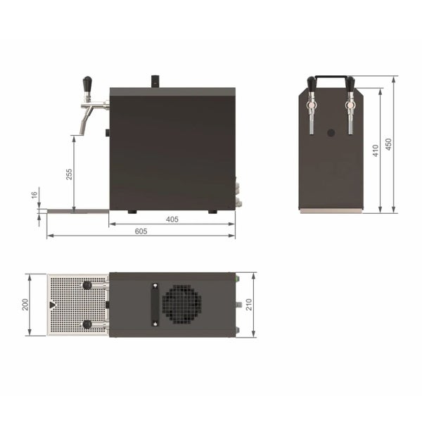Technische Zeichnung eines Bierzapfers mit Maßen