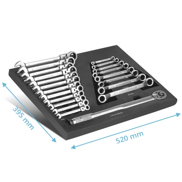 Stahlwerk Ringschlüssel-Satz mit Drehmomentschlüssel auf schwarzem Schaumstoff, 520 mm x 395 mm
