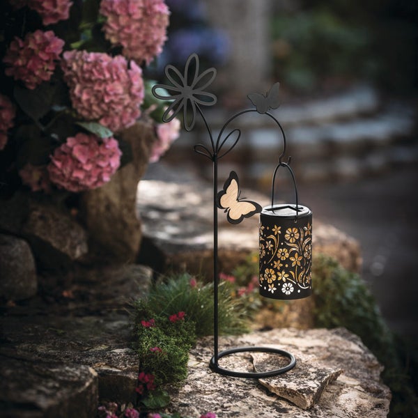 FRANK FLECHTWAREN|Solar-Deko Blütenlaterne, 25 x 12,5 x 47 cm, METALL, KUNSTSTOFF, HOLZ