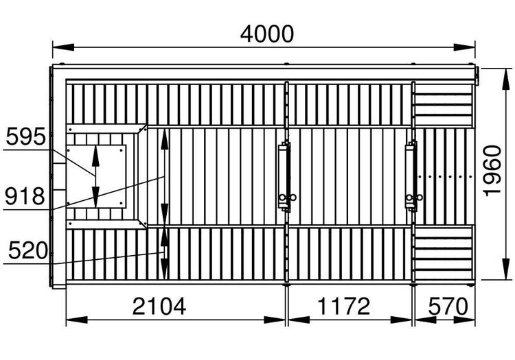 Technische Zeichnung mit Maßangaben für ein Gartenhaus aus Holz, Draufsicht, Gesamtlänge 4000 Millimeter und Gesamtbreite 1960 Millimeter.