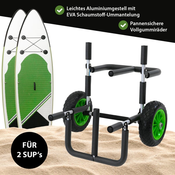 Transportwagen für zwei Stand Up Paddle Boards mit leichtem Aluminiumgestell, EVA Schaumstoff Polsterung und pannensicheren Vollgummirädern.
