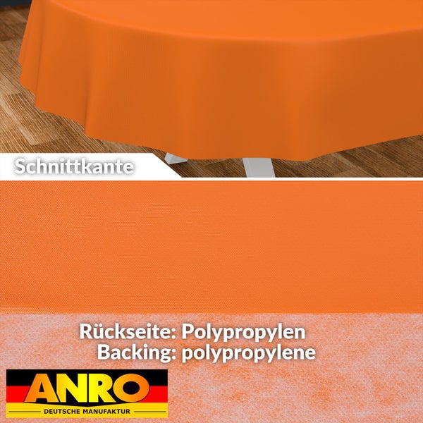 Orangefarbene ANRO Tischdecke mit Schnittkante und Polypropylen-Rückseite sowie ANRO Logo.