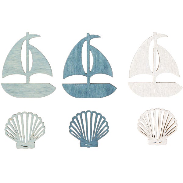 Dekorationselemente aus Holz, Motive Segelboot und Muschel