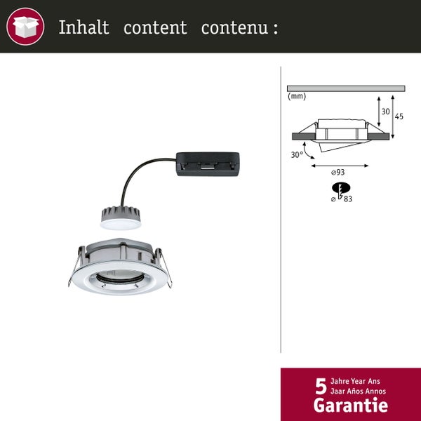 LED-Einbaustrahler, Durchmesser 93 Millimeter, Ausschnitt 83 Millimeter, Tiefe 45 Millimeter, 30 Grad schwenkbar, 5 Jahre Garantie.