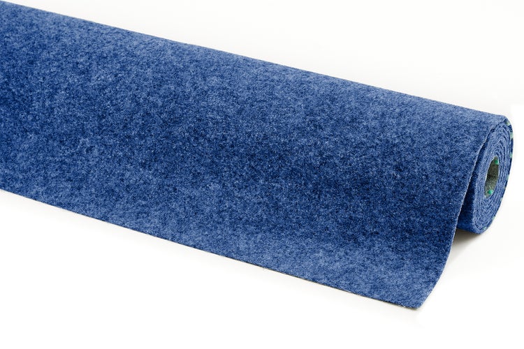 Blaue Teppichboden-Textur mit Symbolen für einfache Verlegung, gute Qualität, leichte Reinigung und angenehmes Gefühl an den Füßen.