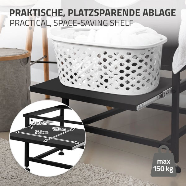 Waschmaschinenunterbau mit ausziehbarer Ablage für Wäschekörbe, Maße 54,2 mal 45,3 mal 14,3 Zentimeter, maximale Tragkraft 150 Kilogramm.