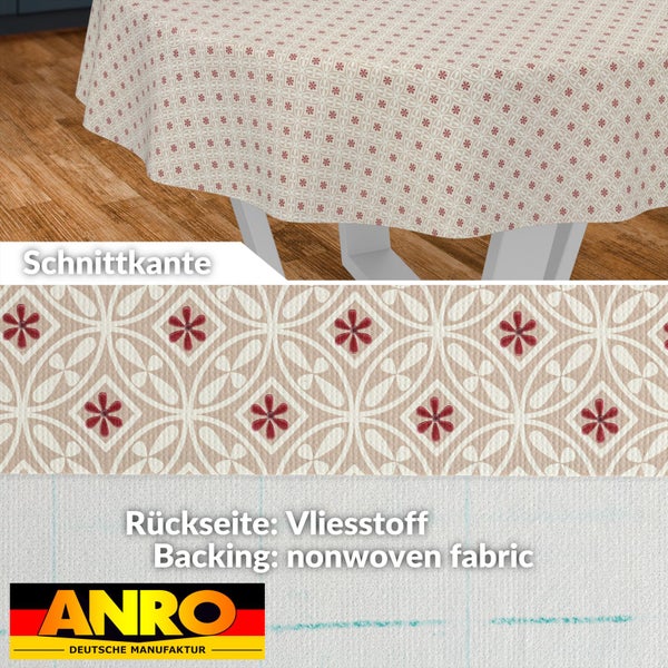 Runde, wasserundurchlässige Tischdecke mit geometrischem Muster und roten Blüten auf einem Tisch sowie eine Detailansicht mit Wassertropfen.