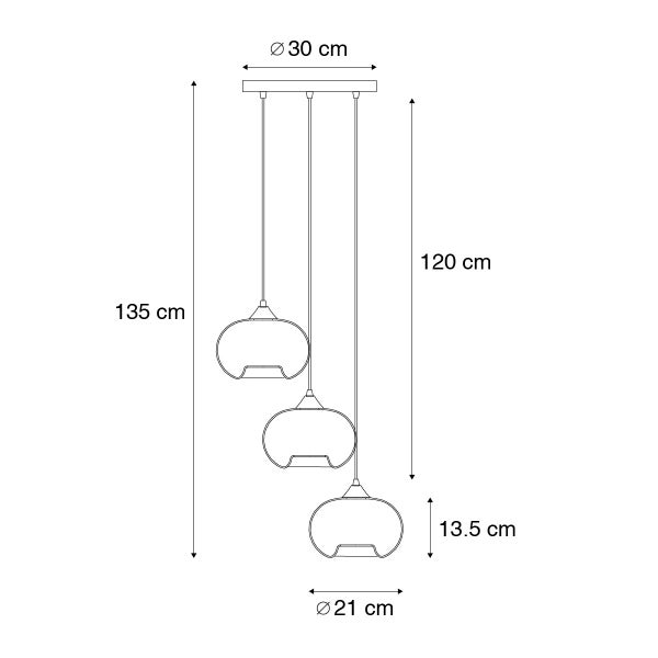 Technische Zeichnung einer Pendelleuchte mit drei Leuchten, Durchmesser 21 Zentimeter, Höhe 13,5 Zentimeter, Abhängung 120 Zentimeter, Gesamthöhe 135 Zentimeter, Baldachin Durchmesser 30 Zentimeter