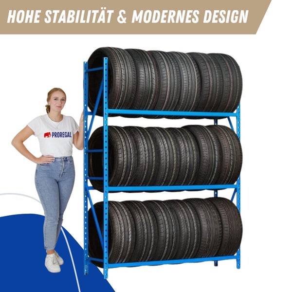 PROREGAL Reifenregal Maximus HxBxT 200 x 100 x 50 cm 3 Ebenen 140 kg Fachlast Bis Zu 12 Reifen Lichtblau