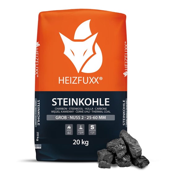 Sack Heizfuxx Steinkohle Grob Nuss 2 mit einem Gewicht von 20 Kilogramm und einer Körnung von 25 bis 60 Millimeter