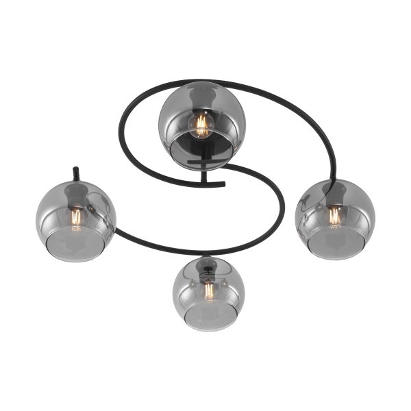 Moderne Deckenleuchte mit vier Flammen, geschwungene schwarze Metallstangen und kugelförmige Glasschirme aus Rauchglas.