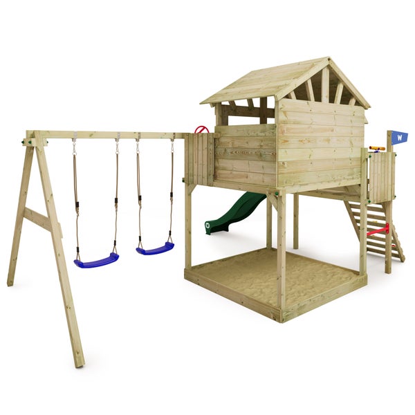 WICKEY Spielturm Klettergerüst Smart Peak mit Schaukel und Rutsche, Stelzenhaus mit Sandkasten, Kletterleiter und Spiel-Zubehör - grün