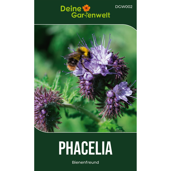 Samentüte für Phacelia Bienenfreund von Deine Gartenwelt mit einer Biene auf violetten Blüten.