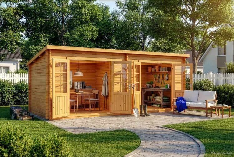 Holzgartenhaus mit Doppeltüren, das als Wohnraum und Werkstatt genutzt wird, auf einer gepflasterten Terrasse im Garten bei sonnigem Wetter.
