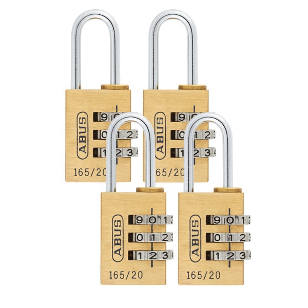 Set aus vier ABUS Vorhängeschlössern 165/20 mit Zahlenkombination aus massivem Messing