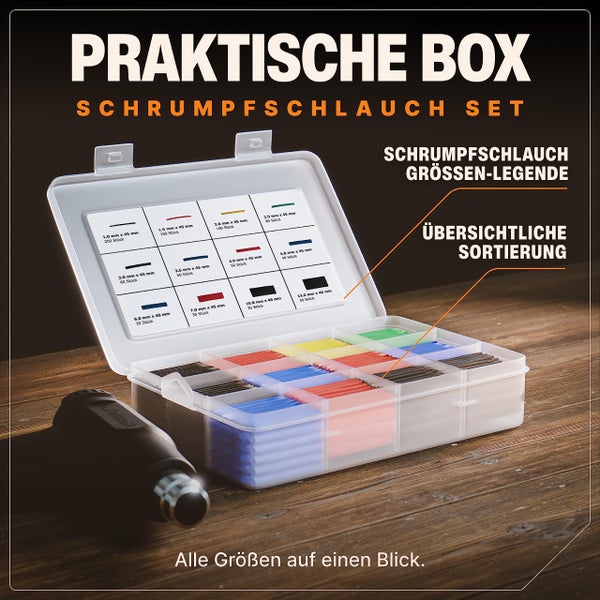 BAURIX® Schrumpfschlauch Set, Schrumpfschläuche Sortiment Farbig, 2:1 Schrumpfverhältnis, Isolierschlauch für Kabel, Schrumpfschlauchset, Länge pro Schrumpfschlauch 45mm