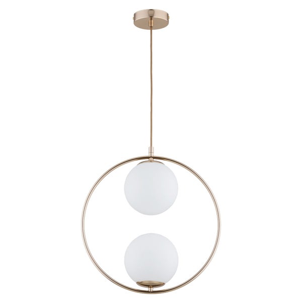 Moderne Pendelleuchte mit zwei runden Glaskugeln in einem kreisförmigen Rahmen aus Metall für eine elegante Beleuchtung.