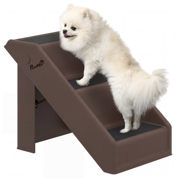 Hundetreppe aus braunem Kunststoff mit drei Stufen und Antirutschmatten, ein kleiner weißer Hund klettert darauf, PawHut Logo