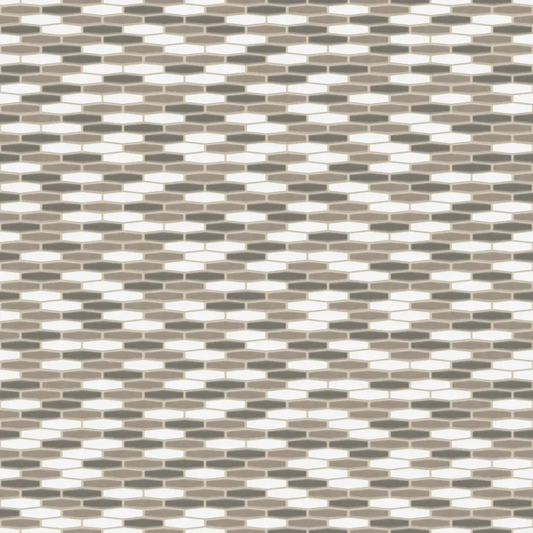 Mosaikfliese mit länglichen Sechsecken in Weiß, Grau und Beige.