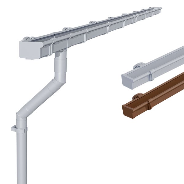 Kastendachrinne aus Kunststoff mit Fallrohr und Zubehör für die Dachentwässerung.